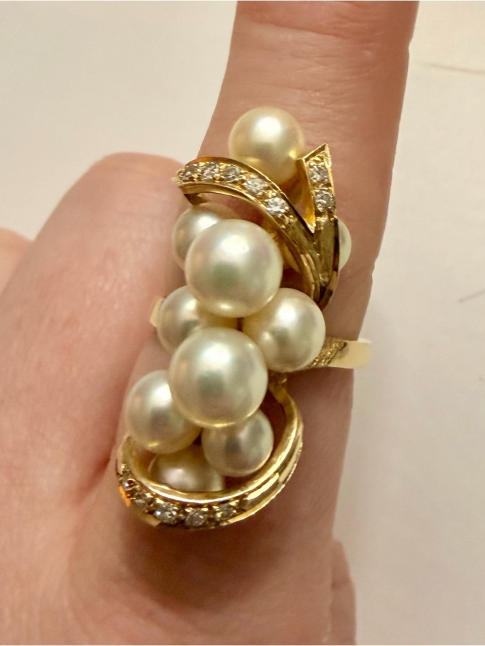 14k Gold Pearl Diamond Cluster Cocktail Ring - White Pearls - Picture 3 of 10